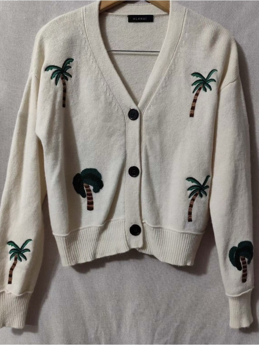 Alanui Cream Palm-Embroidered V-Neck Cardigan